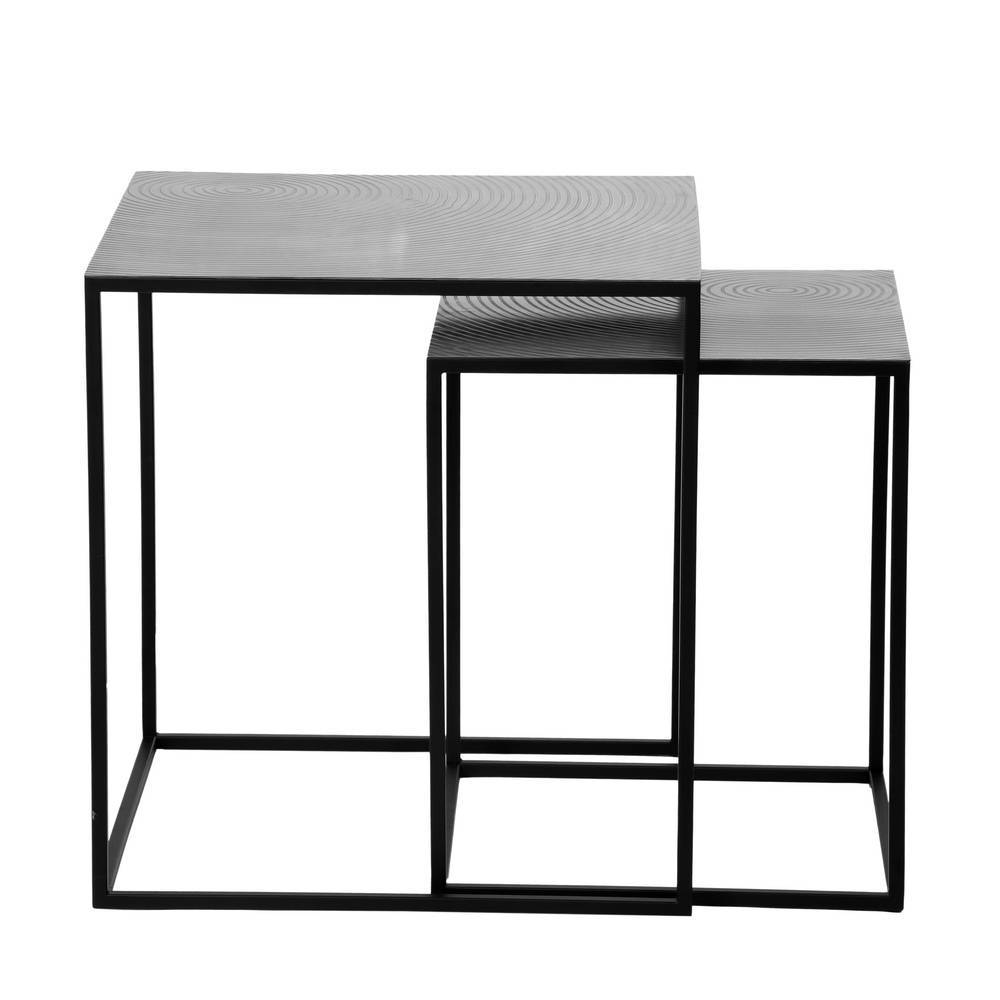 Zweiteiliger Wohnzimmertisch mit grauen strukturierten Platten und schwarzem Metallgestell modern – Fanturasa