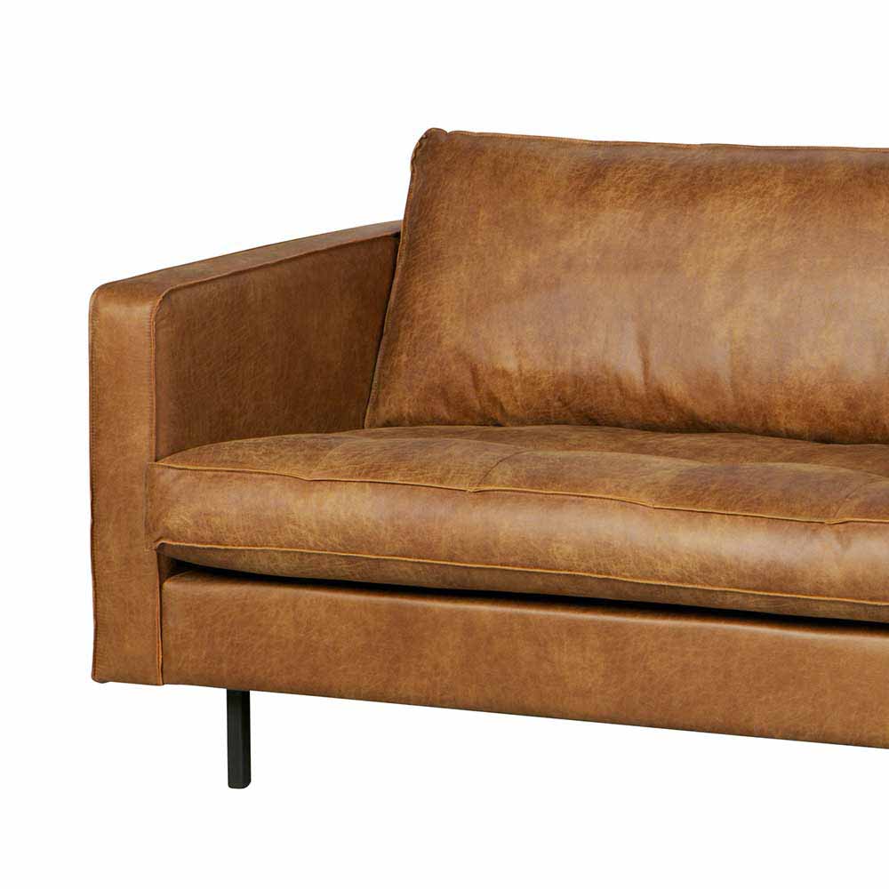 Linke Armlehne, Sitz- und Rückenkissen des cognacbraunen Recycling Leder Sofas – Kienta