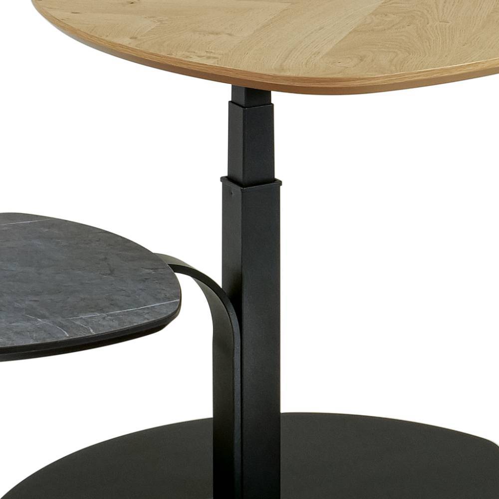 Höhenverstellung und schwarzes Metallgestell des modernen Sofatisches mit zwei Platten – Malivio