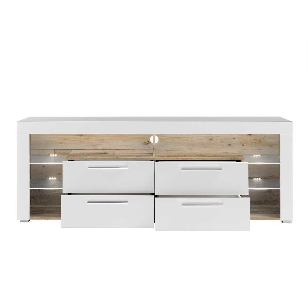 TV Lowboard in Weiß HG & Holz Antik Dekor - Masina