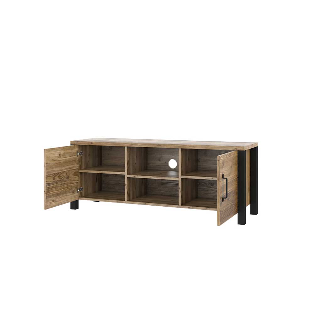 Modernes TV Board mit geöffneten Türen und viel Stauraum in Fichte Optik – Simeona