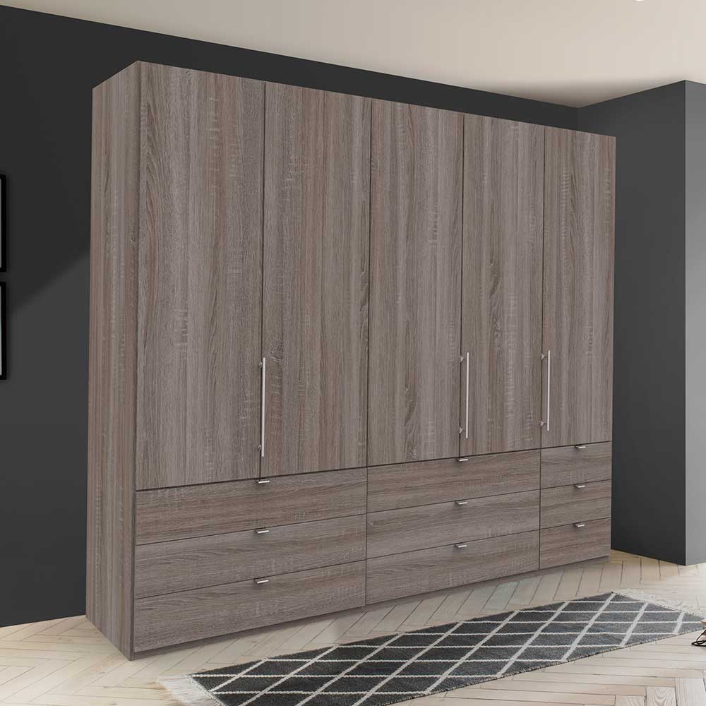 Großer Kleiderschrank in Eiche Dunkel mit sechs Türen und neun Schubladen für das Schlafzimmer – Crenba