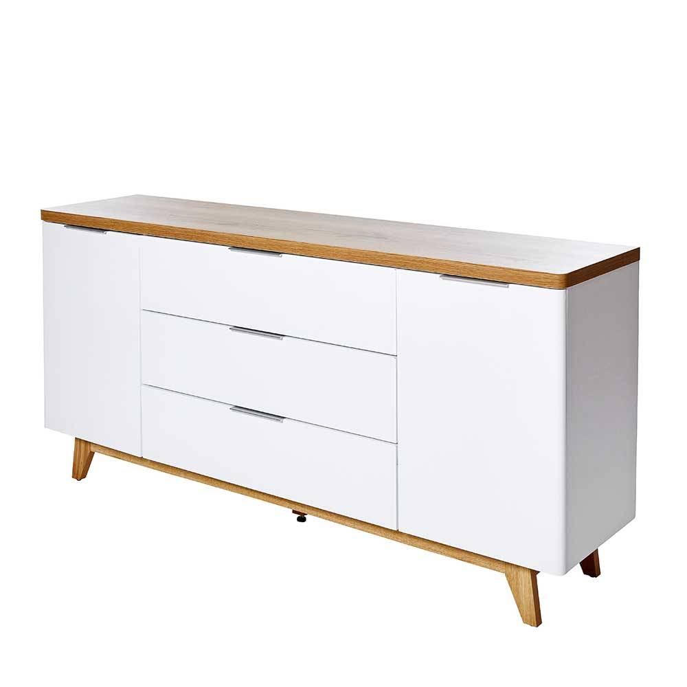 Elegantes Sideboard weiß mit Kerneiche Platte und Holzbeinen für Wohnzimmer – Xuana
