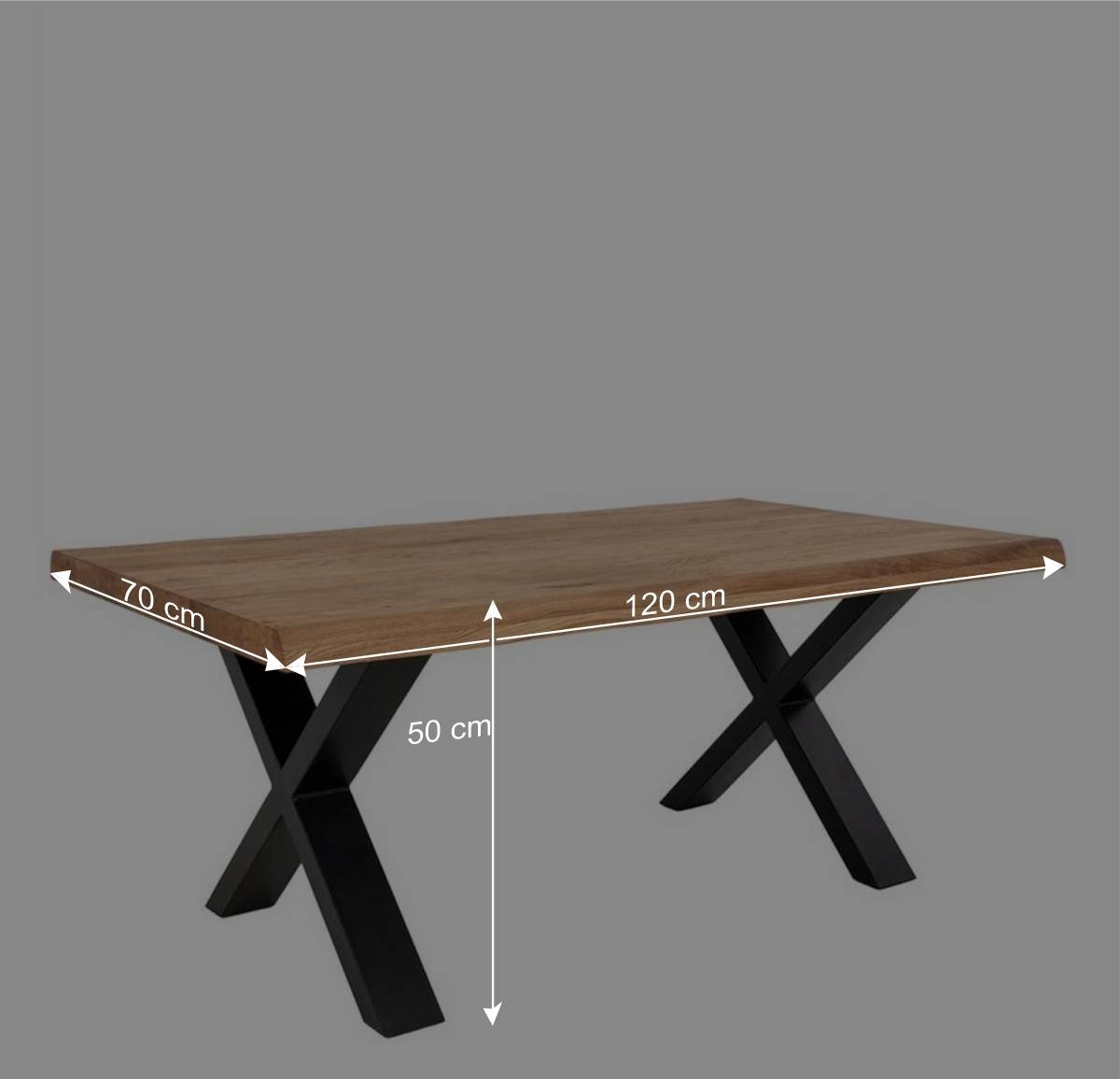 120x50x70 Baumkante Couchtisch mit X Füßen - Cramona