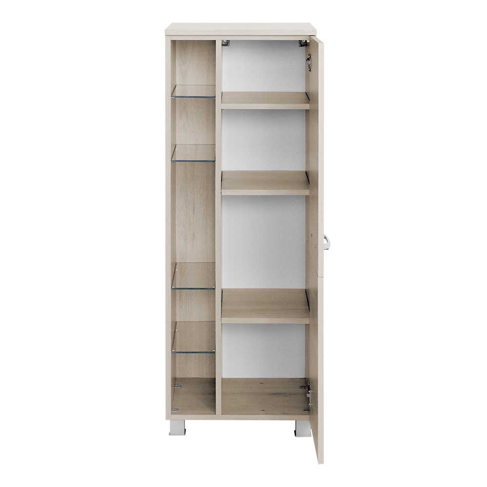 Badezimmer Seitenschrank in Buchefarben offen mit Glas- und Holzablagen – Mabeca