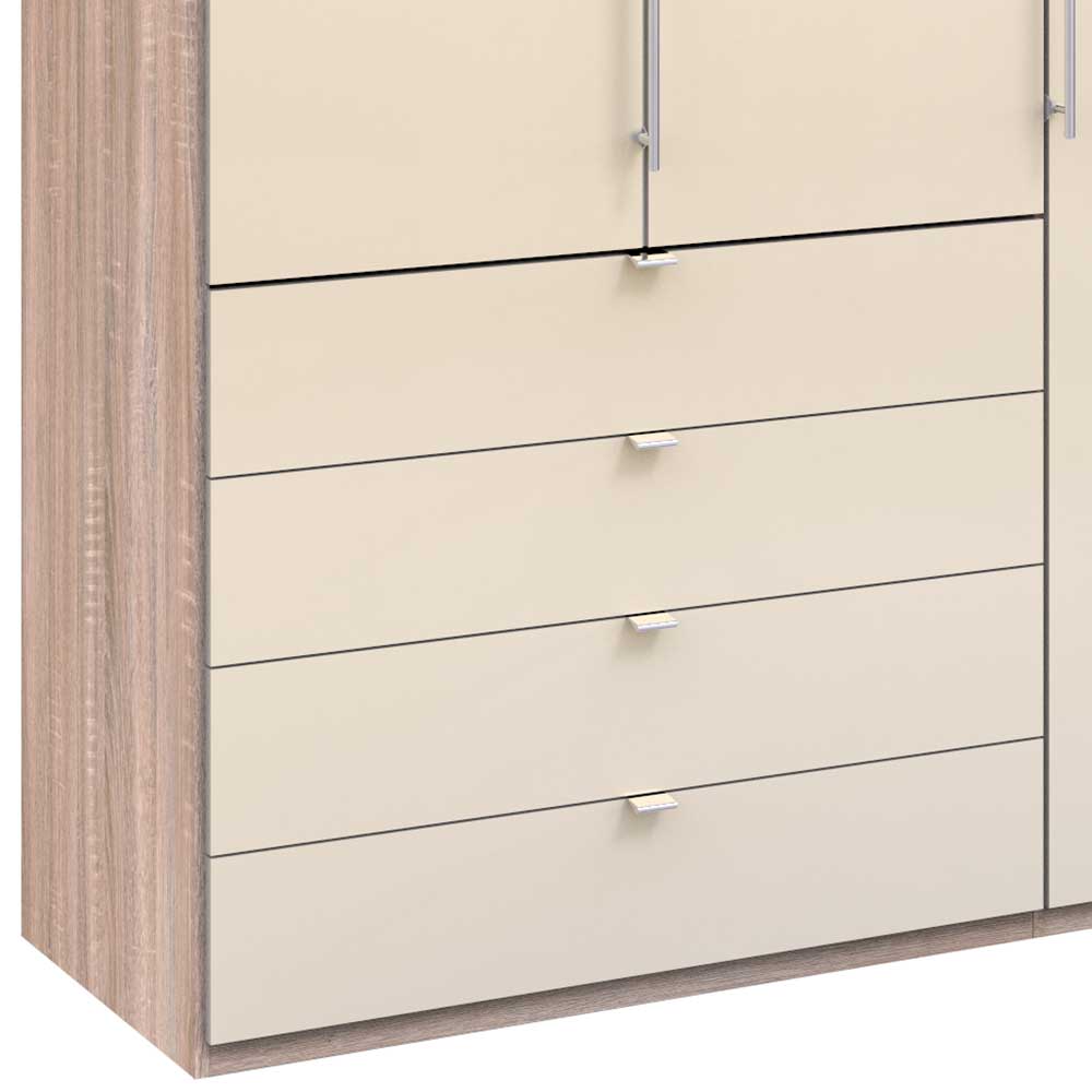 Cremefarbene Schubladenfronten und seitliche Holzoptik des Kombi-Kleiderschranks – Rativian