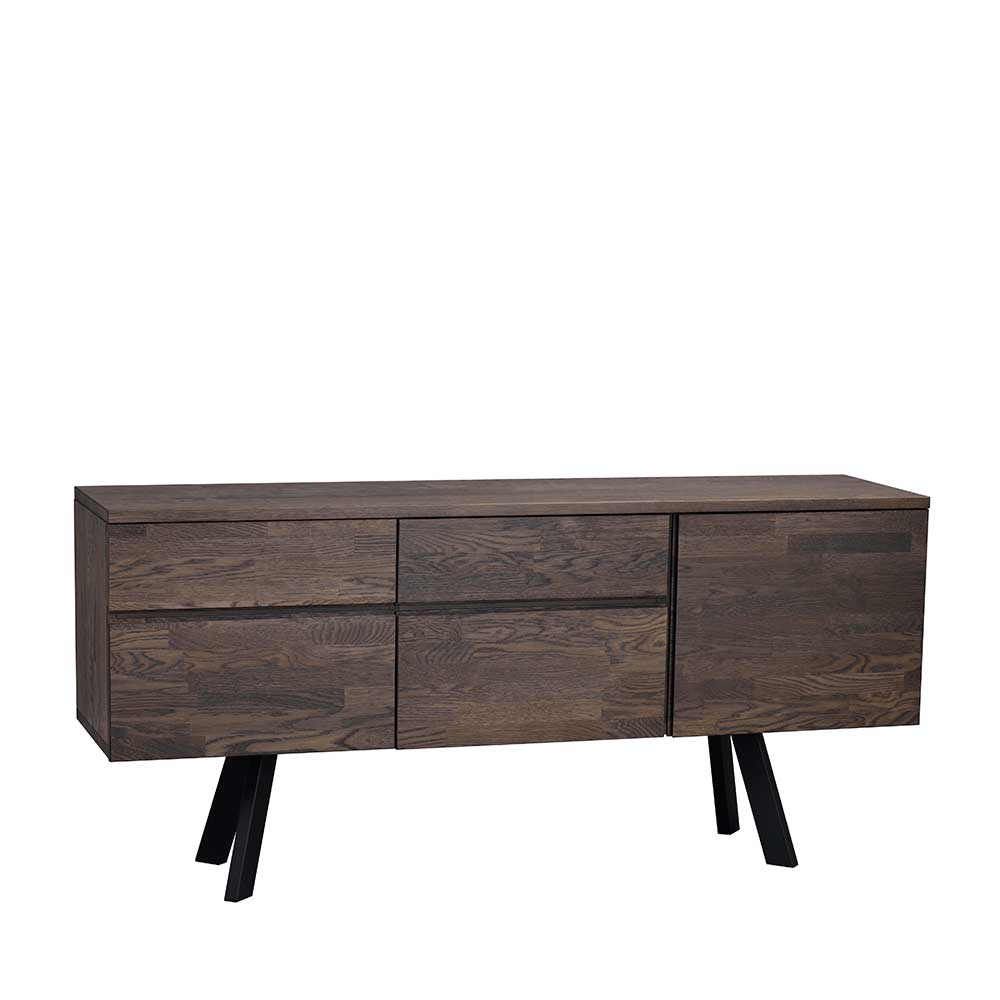 Sideboard aus massiver Eiche rauchfarben mit schwarzen Stahlfüßen und Schubladen – Namac