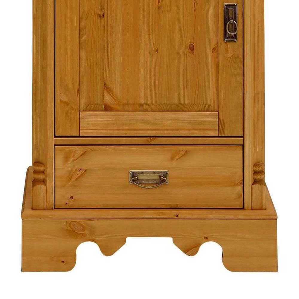 Detailansicht der unteren Holztür und geöffneten Schublade mit Metallgriff der Landhausvitrine – Fausanda