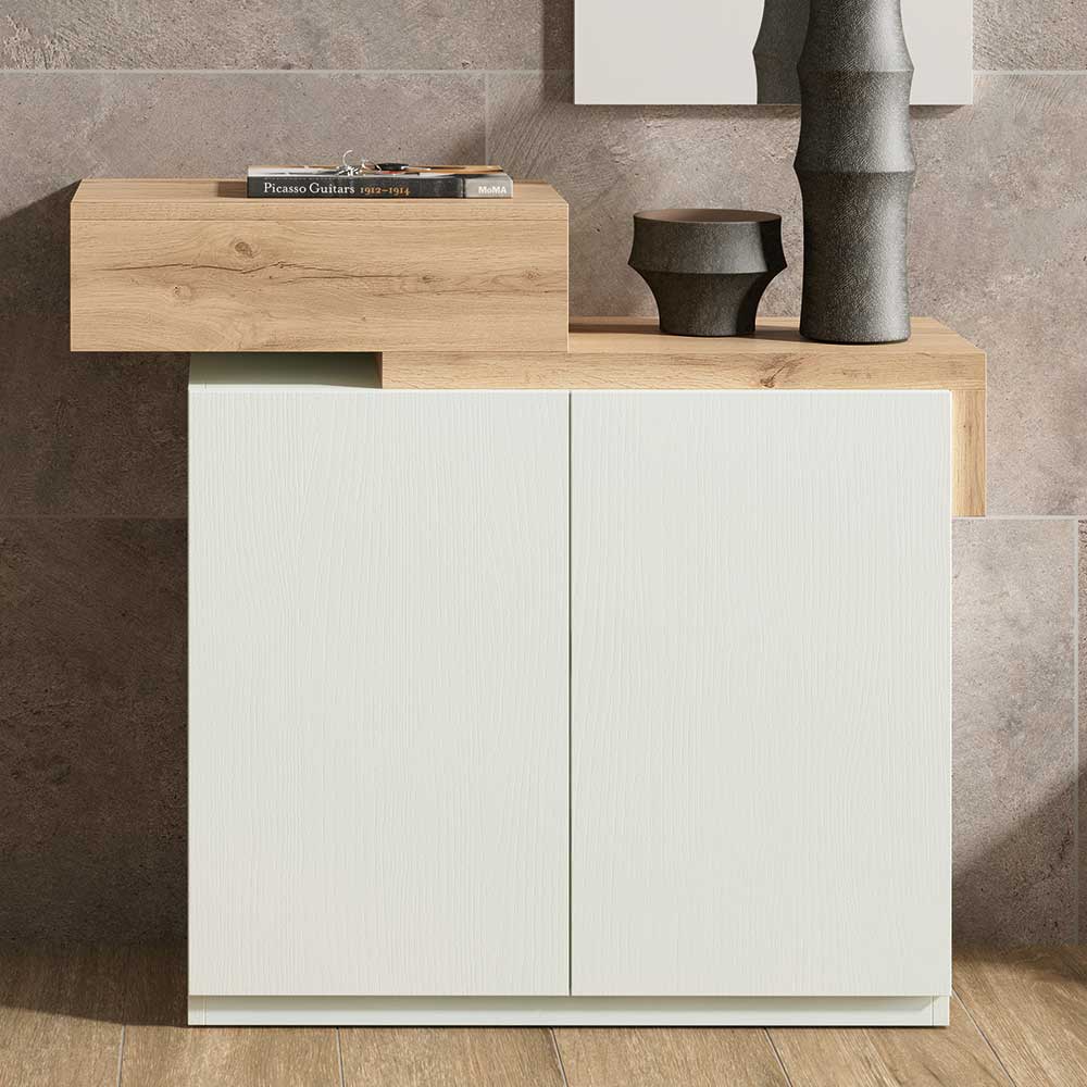 Design Flurkommode weiß und Holzoptik mit Schublade und zwei Türen – Gangizo