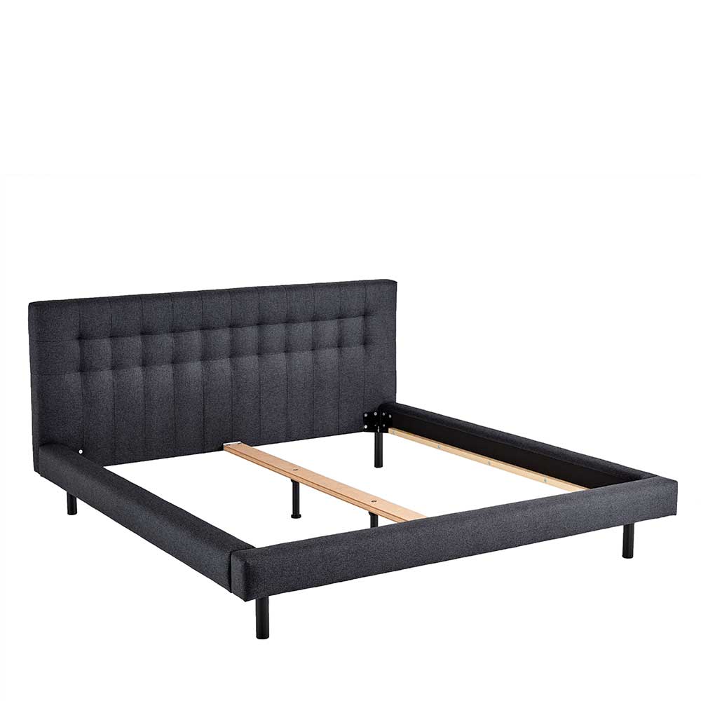 Komfortables Schlafzimmerbett in Dunkelgrau Stoff mit hohem Kopfteil und Holzlatten – Onesty
