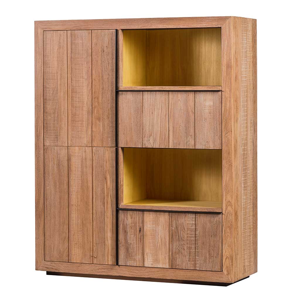 Teak Barschrank in Naturholz mit schwarzen Akzenten, offenen gelben Fächern und geschlossenen Türen – Myons