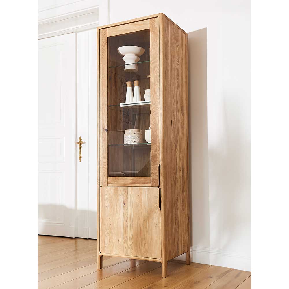 Wildeiche Vitrine mit Glastür und Holztür, modernes Design für Wohnzimmer oder Esszimmer – Laida