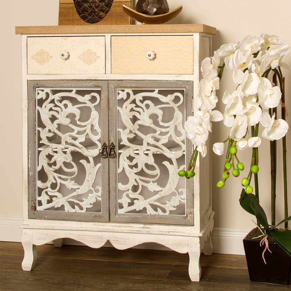 Shabby Chic Anrichte in Weiß mit zwei Schubladen und Schranktüren für Flur oder Diele – Levino
