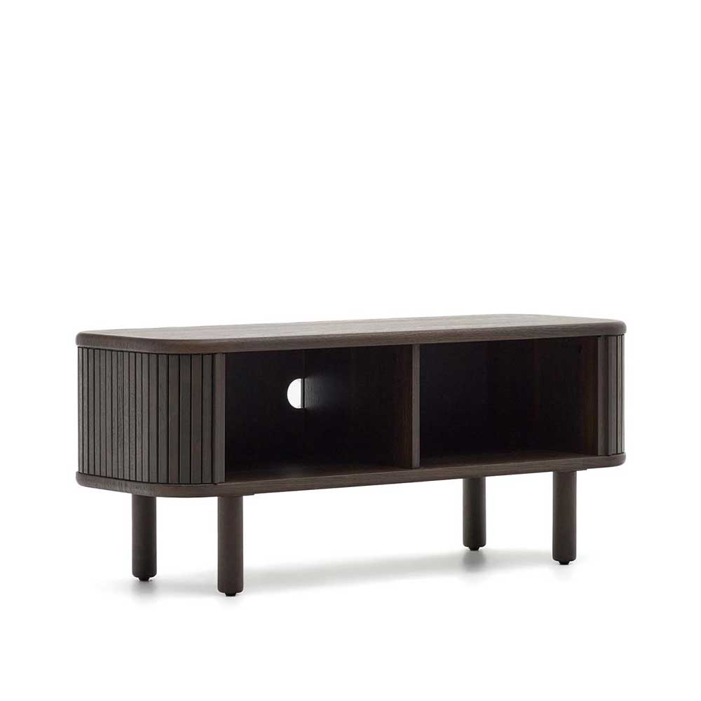 Dunkelbraunes Retro TV Board aus Holz mit Schiebetüren und Kabelloch – Tadaco