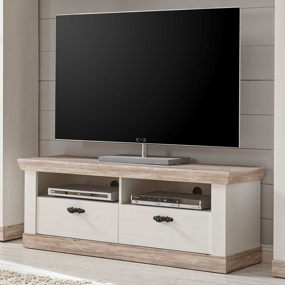 Landhaus TV Element in Weiß & Pinie Shabby Nedita mit 2 Schubladen