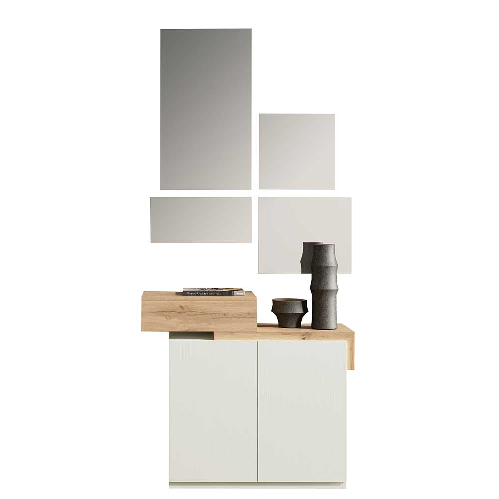 Fünfteiliges Design Flurkommoden und Spiegel Set in Weiß und Holzoptik – Gangizo