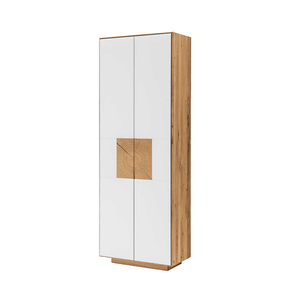 Hochschrank Garderobe mit weißem Glas und seitlichem Holzkorpus – Mandrey
