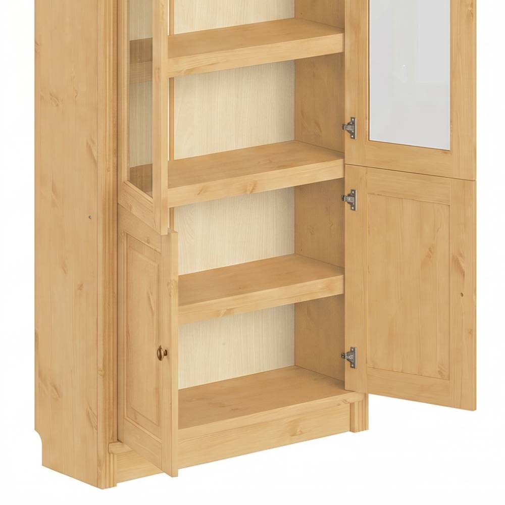Bücherschrank im Landhausstil aus Naturkiefer mit geöffneten Schranktüren und Innenfächern – Snog