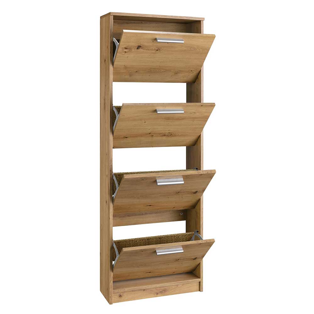Moderner Schuhschrank mit vier geöffneten Klappen und viel Stauraum in Holzoptik – Atia
