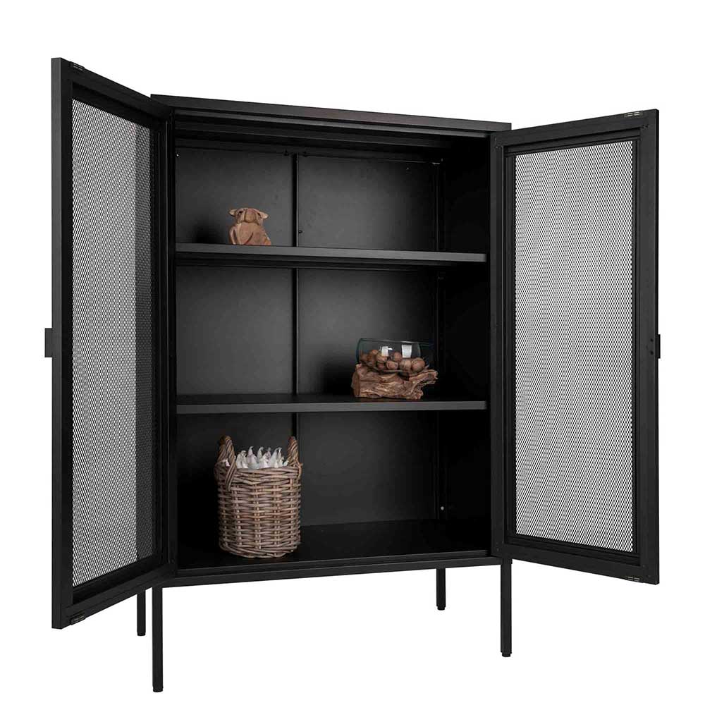 Offenes schwarzes Highboard mit Gittertüren, dekorierten Regalböden und Stauraum – Zadegna