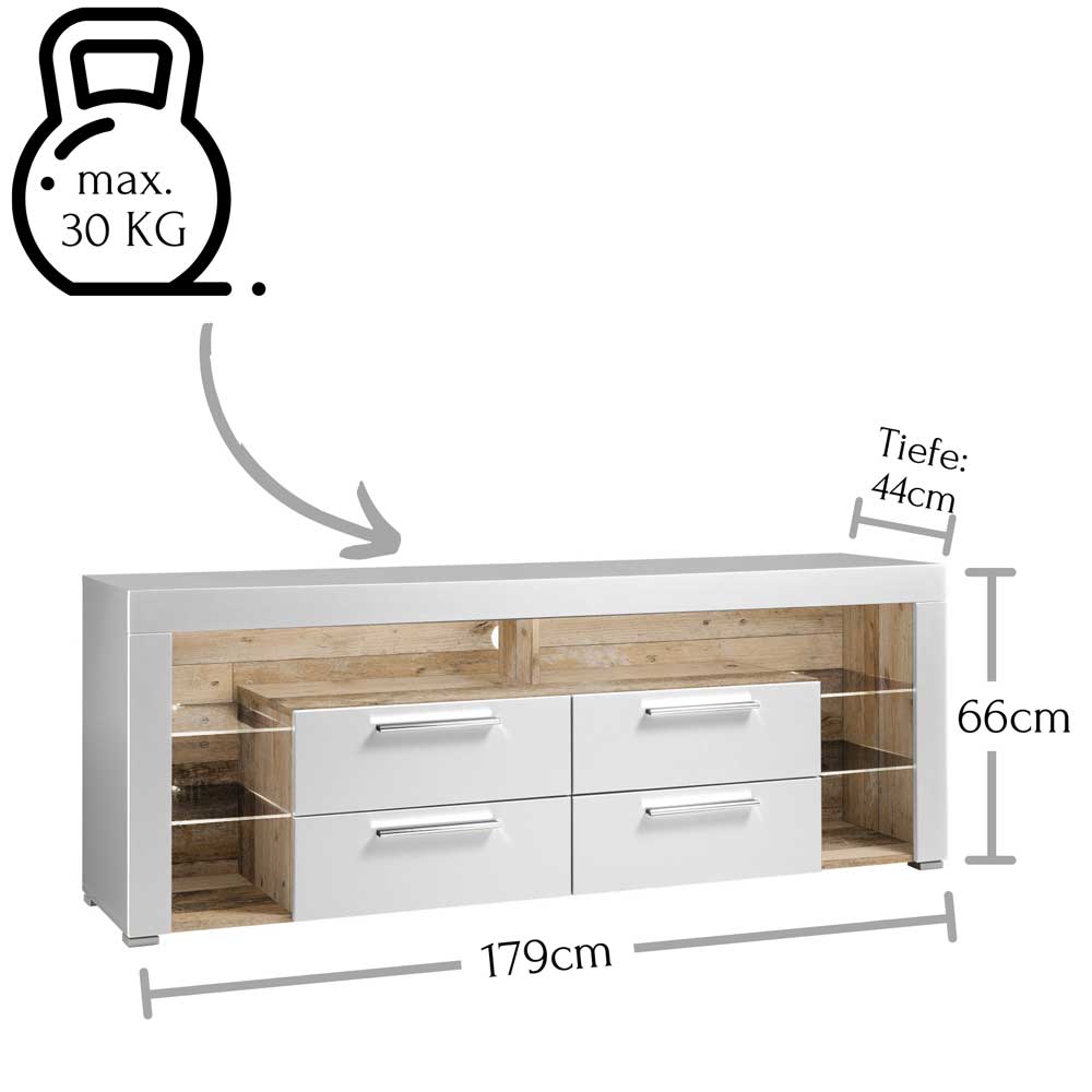 TV Lowboard in Weiß HG & Holz Antik Dekor - Masina