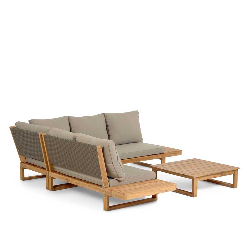 Akazien Garten Ecksofa mit beigen Polstern und passendem Couchtisch – Captino