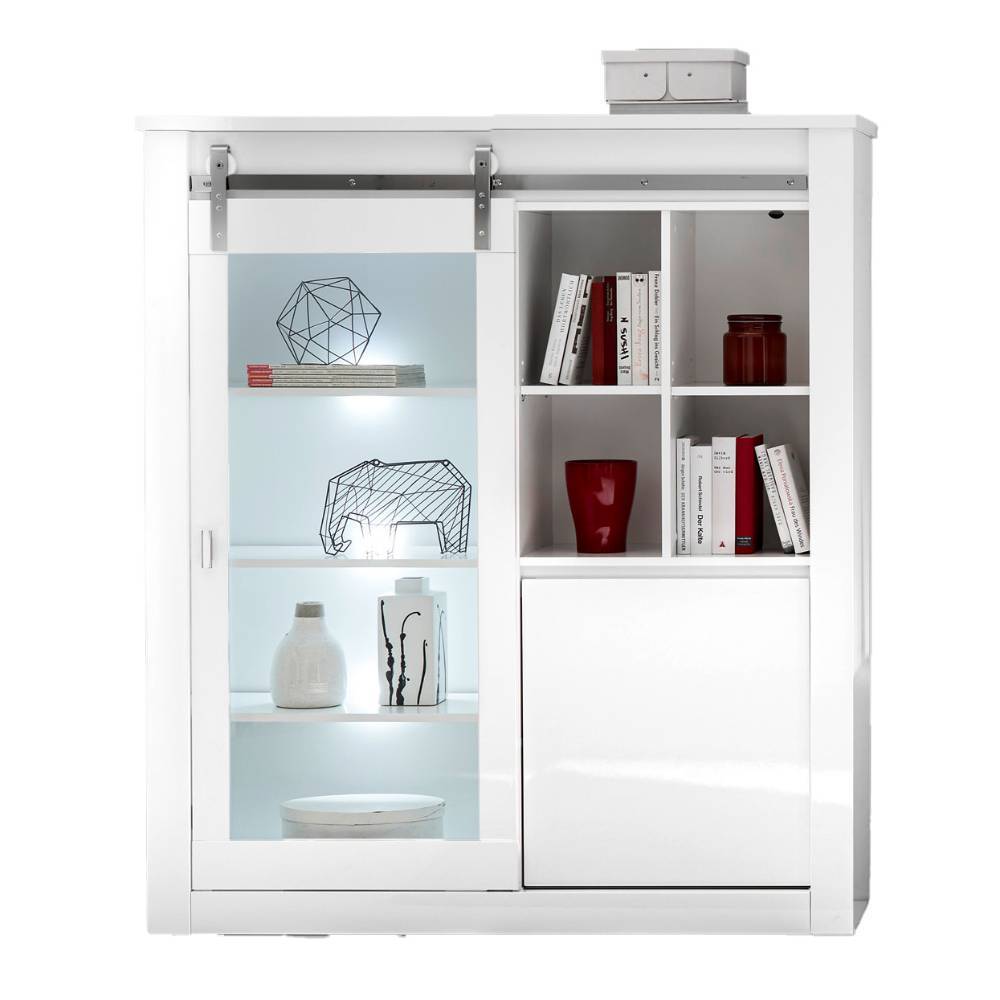 Weiße Vitrine mit Glas-Schiebetür und Innenbeleuchtung für das Wohnzimmer – Memphys