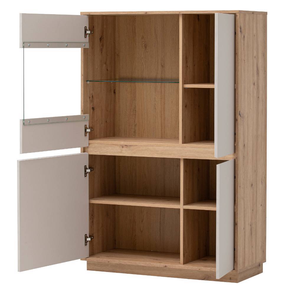 Highboard Vitrine geöffnet mit viel Stauraum, Regalböden in Wildeiche Holzoptik und hellen Türen – Spain