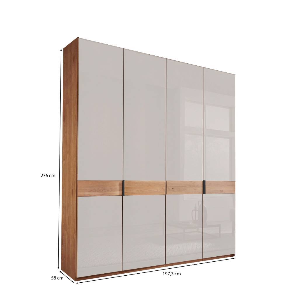 4-türiger Schlafzimmerschrank mit Maßen und Abmessungen in Holz- und Glanz-Optik – Dilacco