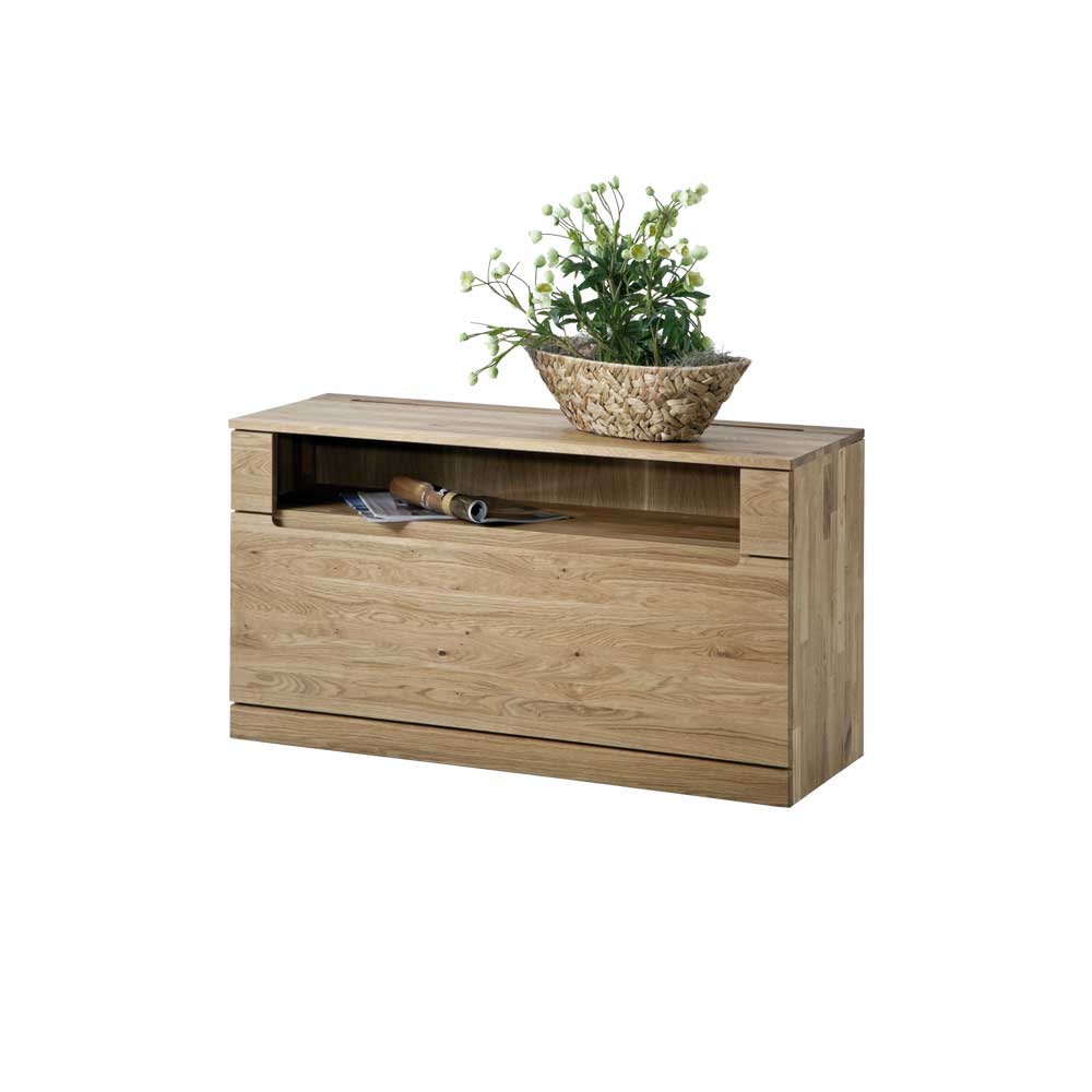 Modernes Massivholz Lowboard aus Wildeiche mit breitem offenem Fach und Schublade für das Wohnzimmer – Natrius