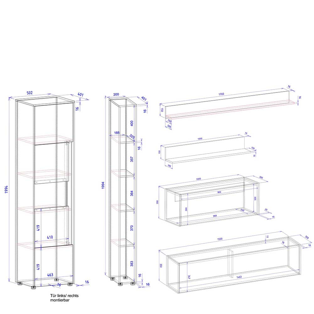 Wohnzimmer TV-Anbauwand Set - Ahilav (sechsteilig)
