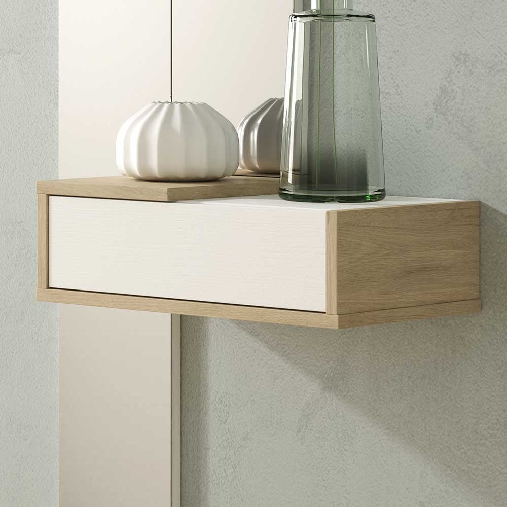 Elegante Hängekonsole mit weißer Schublade und darüberliegendem Spiegelelement für den Flur – Lotivera