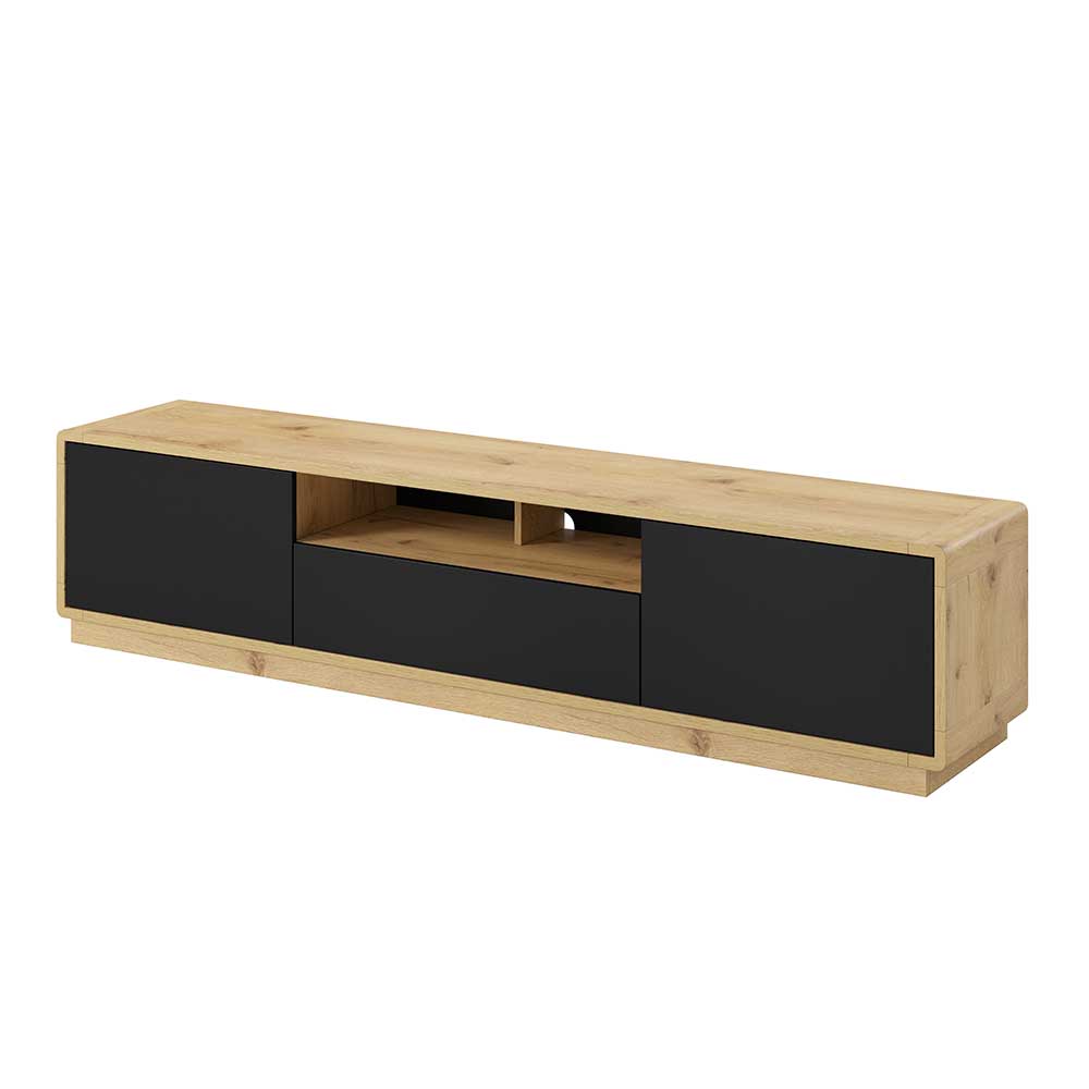 Elegantes TV Möbel 200cm in Wildeiche Optik mit schwarzen Fronten, schräge Ansicht – Ilunas