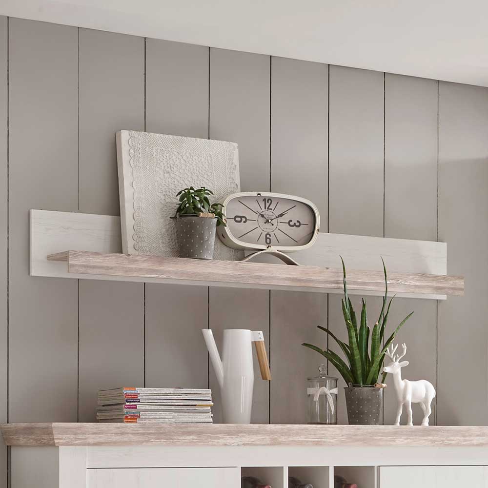 Landhaus Wohnmöbel Set mit Sideboard Nedita in Weiß mit Pinie Shabby (vierteilig)