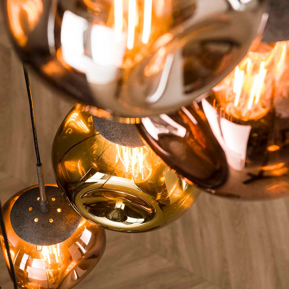 7-flammige Hängeleuchte mit Metallic Glasschirmen - Elizabeth