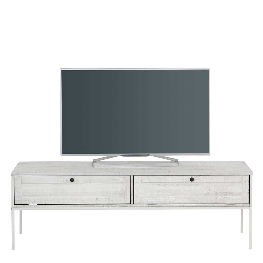 Creme weißes Kiefer TV-Board mit zwei Frontklappen und Fernseher darauf – Ejeliva