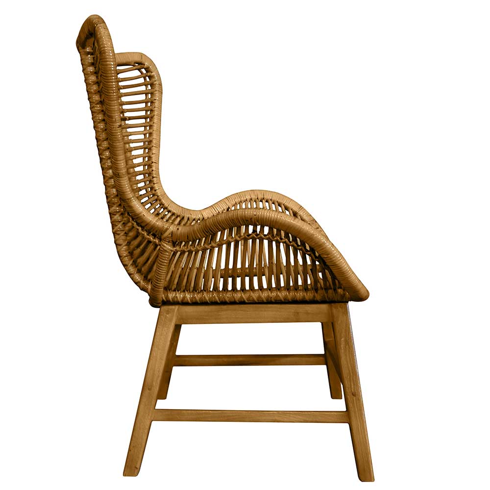 Moderner Loungesessel aus Rattan und Holzgestell von der Seite – Krems