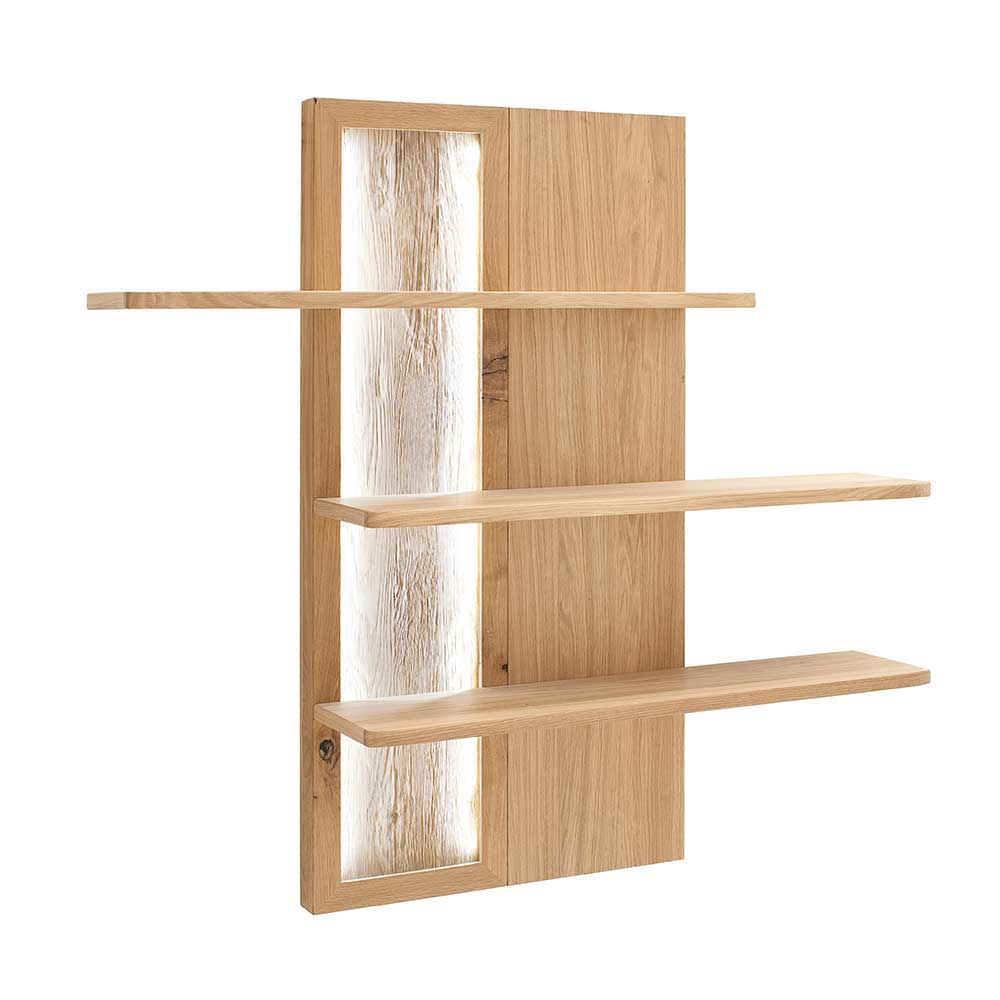 Design Wandregal Eiche Bianco mit drei Ebenen und LED-Beleuchtung – Crokas