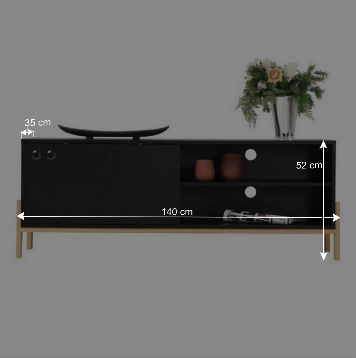 140x52x35 TV Lowboard in Schwarz & Pinie Natur - Estrevin