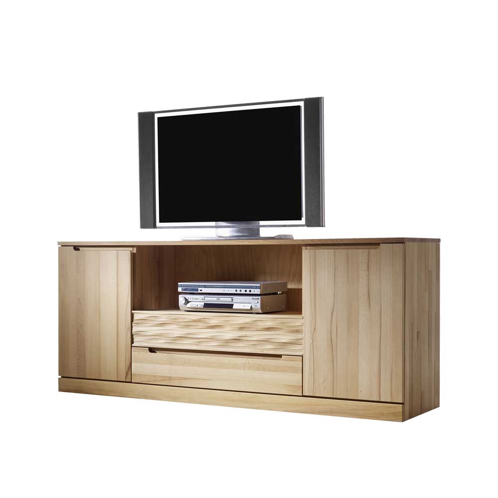 Modernes Massivholz TV Board aus Kernbuche mit zwei Türen, offenem Fach und zwei praktischen Schubladen – Wahano