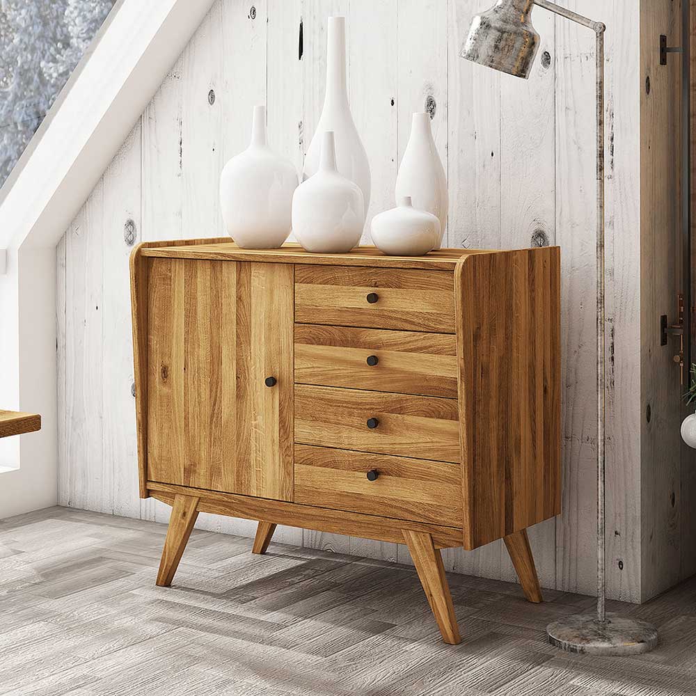 Elegante Holzkommode aus geölter Wildeiche mit Tür und vier Schubladen für Flur oder Wohnzimmer – Hardus