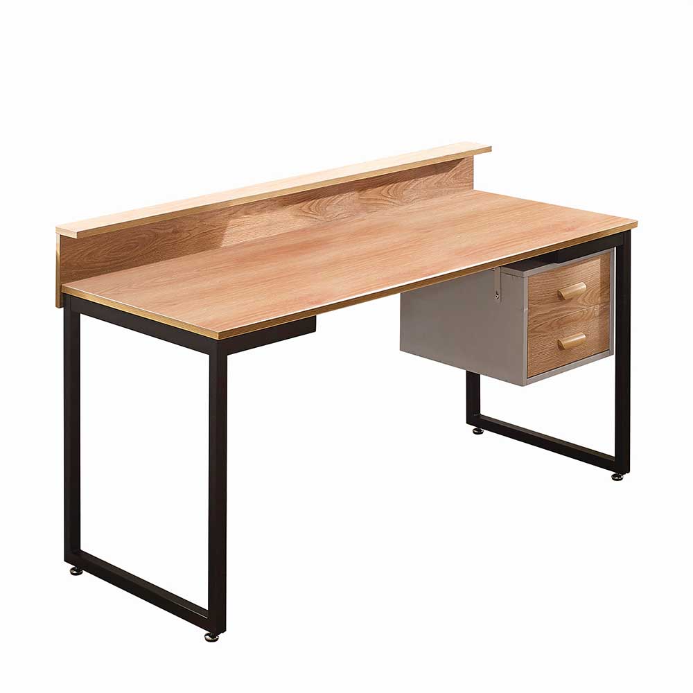 Robuster Schreibtisch für Arbeitszimmer mit Holztischplatte und schwarzem Metallrahmen – Pluta