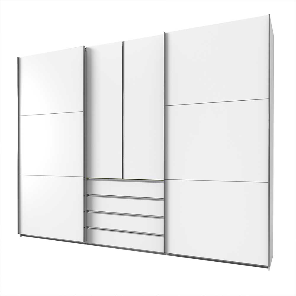 Großer weißer Schlafzimmer-Kleiderschrank 300 cm breit mit Schiebetüren und Schubladen – Gastruna