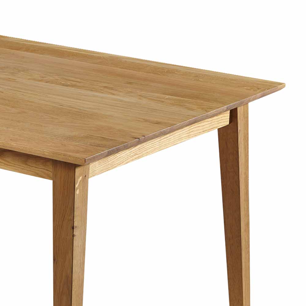 Esszimmer Holztisch aus massiver Wildeiche, schräge Ansicht von Tischplatte und Tischbein – Likes