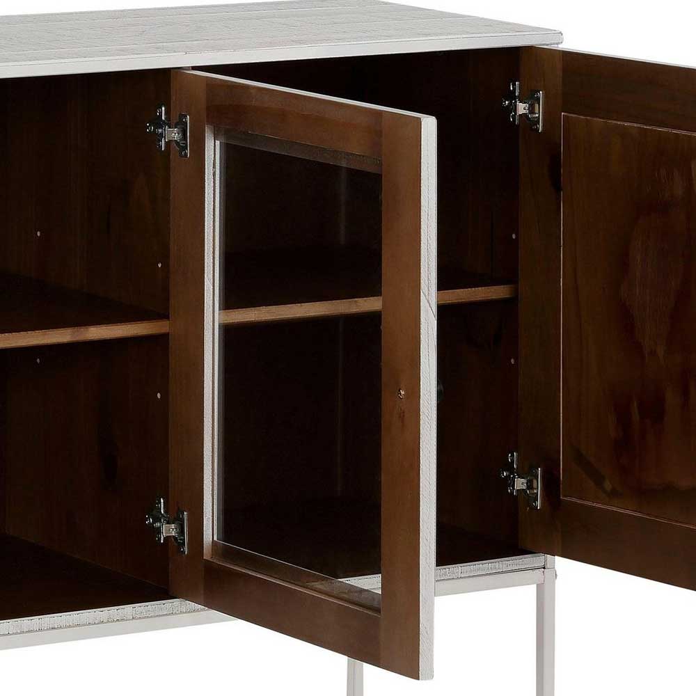 Geöffnete Glastür und Holztür des Sideboards mit dunklen Innenfächern und robusten Scharnieren – Ejeliva