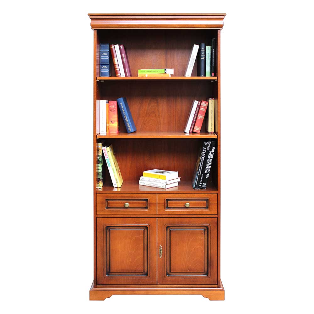 Klassischer Bücherschrank aus Holz mit offenen Regalen, Schubladen und Türen – Kimms