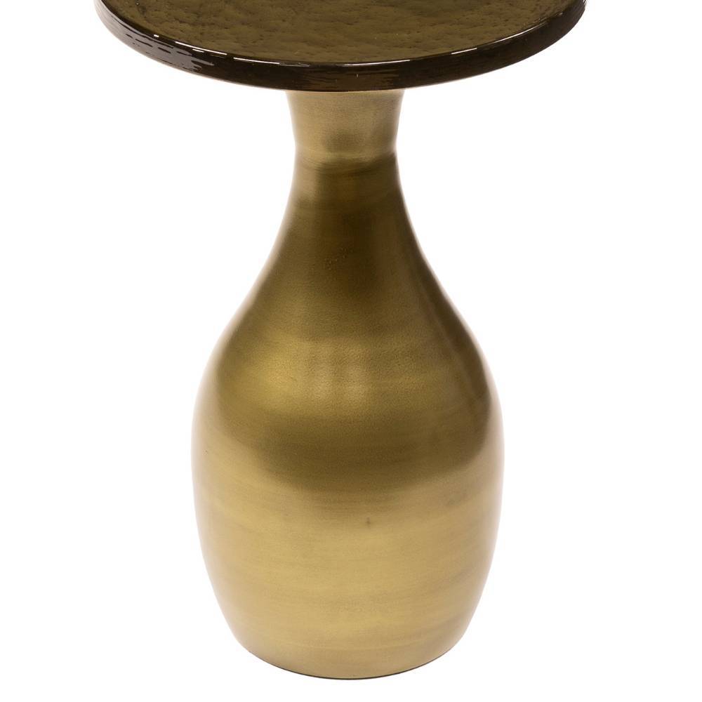 Eleganter Beistelltisch mit runder Gussglasplatte und bauchigem Sockel in Altgold – Abrolhos