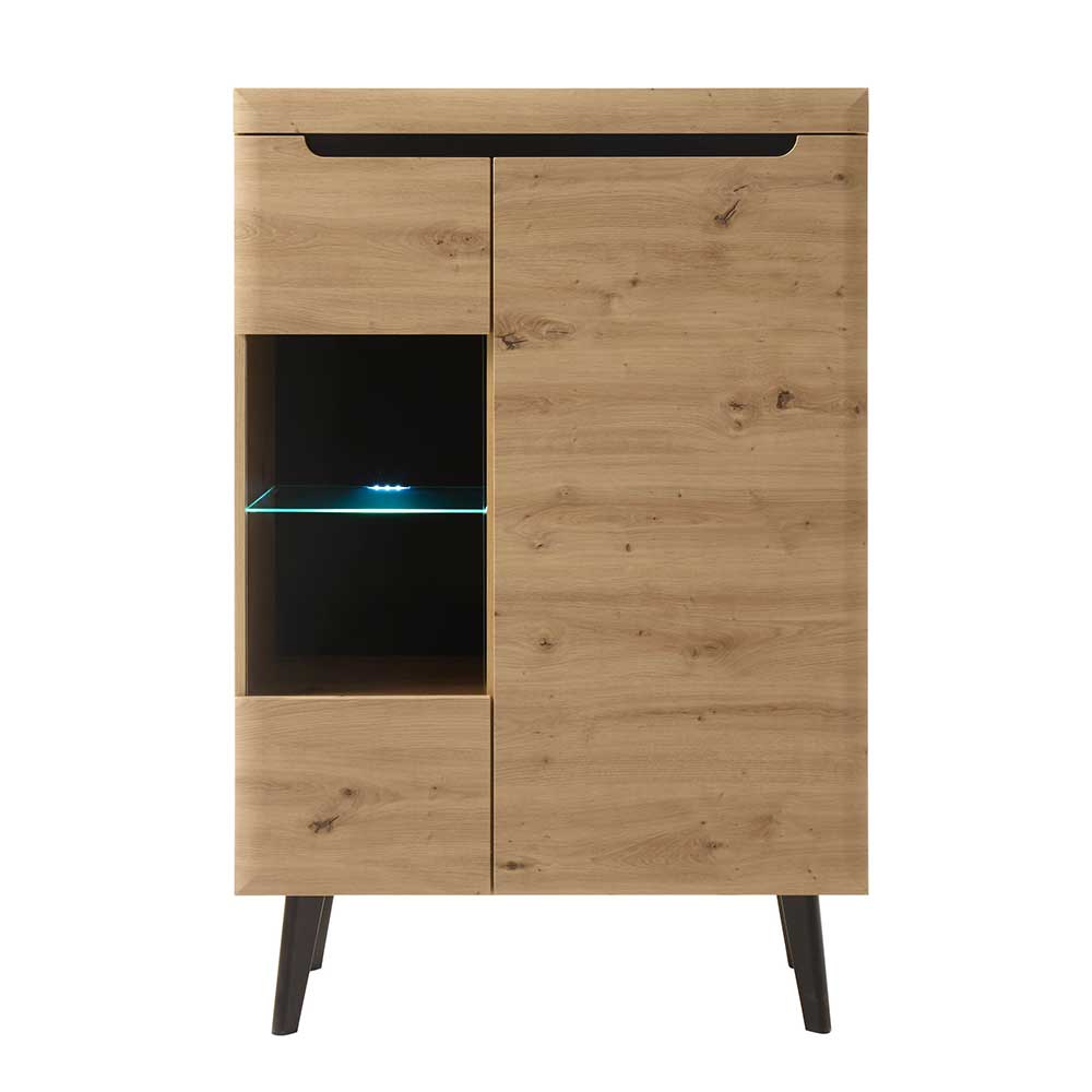 Modernes Highboard Eiche hell mit 2 Türen, Glaseinsatz und LED-Beleuchtung – Olcian