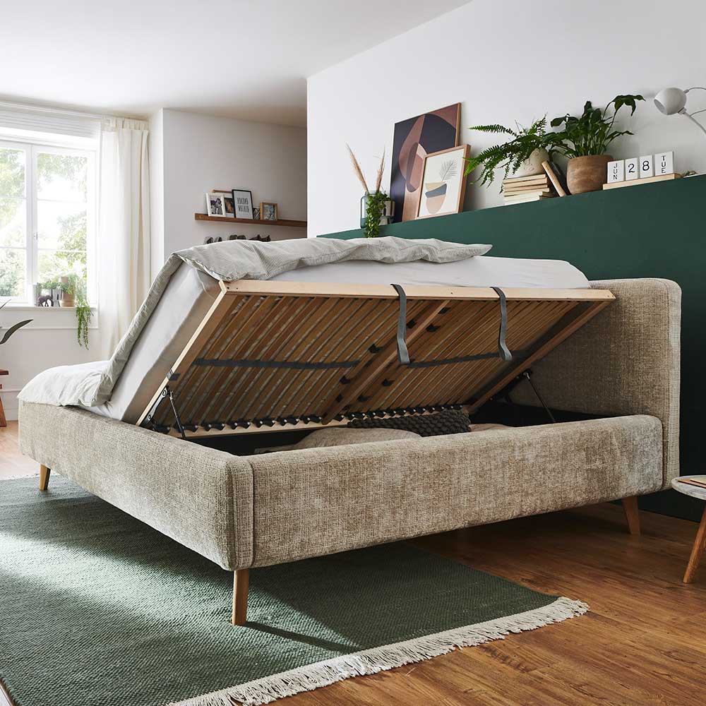 Stauraum Doppelbett in Beige Boucle - Lazium