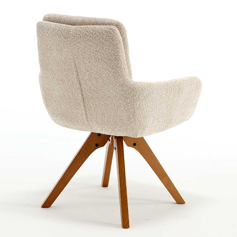Beige Boucle Esszimmerstuhl mit robustem Holz Drehgestell, leichte Rückenansicht – Corpus (2er Set)